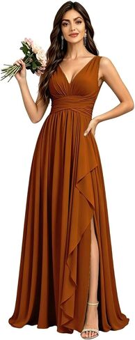 Chiffon Bridesmaid Dresses for Women Sleeveless Long V Neck Ruffles Pleated Formal Evening Gown with Slit in Kuwait