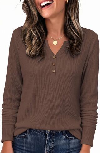 Zeagoo Women's Long Sleeve Waffle Knit Shirts Dressy Casual Loose Button Up V Neck Tops 2026 Fall Basic Tee Blouse in Kuwait