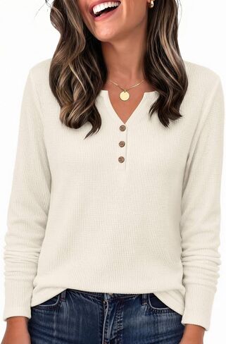 Zeagoo Women's Long Sleeve Waffle Knit Shirts Dressy Casual Loose Button Up V Neck Tops 2026 Fall Basic Tee Blouse in Kuwait