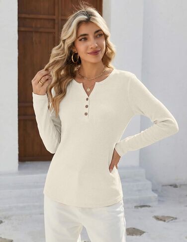 Zeagoo Women's Long Sleeve Waffle Knit Shirts Dressy Casual Loose Button Up V Neck Tops 2026 Fall Basic Tee Blouse in Kuwait