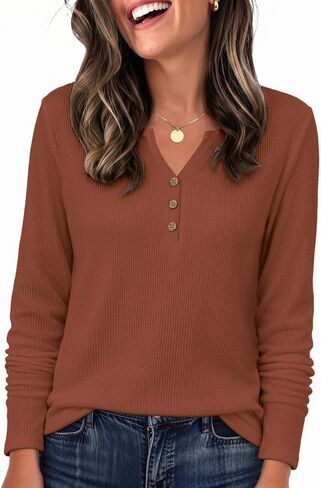 Zeagoo Women's Long Sleeve Waffle Knit Shirts Dressy Casual Loose Button Up V Neck Tops 2026 Fall Basic Tee Blouse in Kuwait