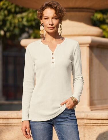 Zeagoo Women's Long Sleeve Waffle Knit Shirts Dressy Casual Loose Button Up V Neck Tops 2026 Fall Basic Tee Blouse in Kuwait