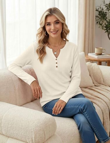 Zeagoo Women's Long Sleeve Waffle Knit Shirts Dressy Casual Loose Button Up V Neck Tops 2026 Fall Basic Tee Blouse in Kuwait