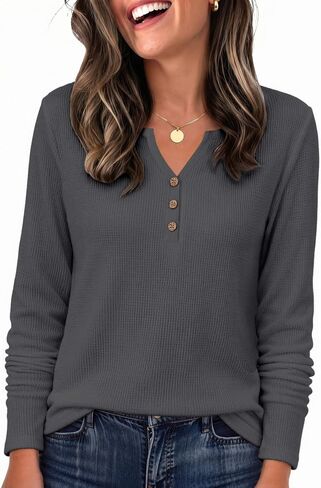 Zeagoo Women's Long Sleeve Waffle Knit Shirts Dressy Casual Loose Button Up V Neck Tops 2026 Fall Basic Tee Blouse in Kuwait