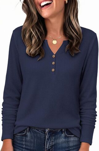 Zeagoo Women's Long Sleeve Waffle Knit Shirts Dressy Casual Loose Button Up V Neck Tops 2026 Fall Basic Tee Blouse in Kuwait