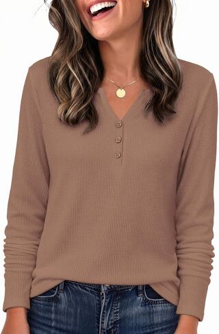 Zeagoo Women's Long Sleeve Waffle Knit Shirts Dressy Casual Loose Button Up V Neck Tops 2026 Fall Basic Tee Blouse in Kuwait