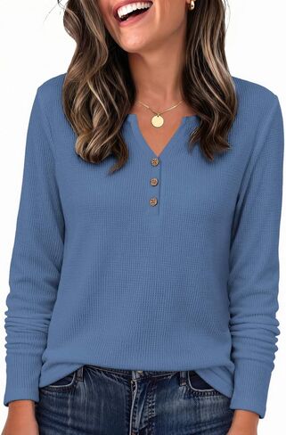 Zeagoo Women's Long Sleeve Waffle Knit Shirts Dressy Casual Loose Button Up V Neck Tops 2026 Fall Basic Tee Blouse in Kuwait