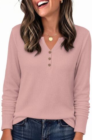 Zeagoo Women's Long Sleeve Waffle Knit Shirts Dressy Casual Loose Button Up V Neck Tops 2026 Fall Basic Tee Blouse in Kuwait