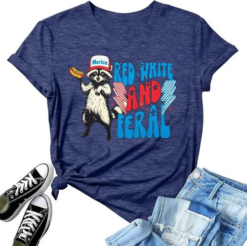 4th of July Shirt Women Red White and Blue Shirts Funny 250 Anniversary USA Raccoon T-Shirt America Patriotic Tee Tops in Kuwait