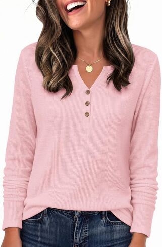 Zeagoo Women's Long Sleeve Waffle Knit Shirts Dressy Casual Loose Button Up V Neck Tops 2026 Fall Basic Tee Blouse in Kuwait