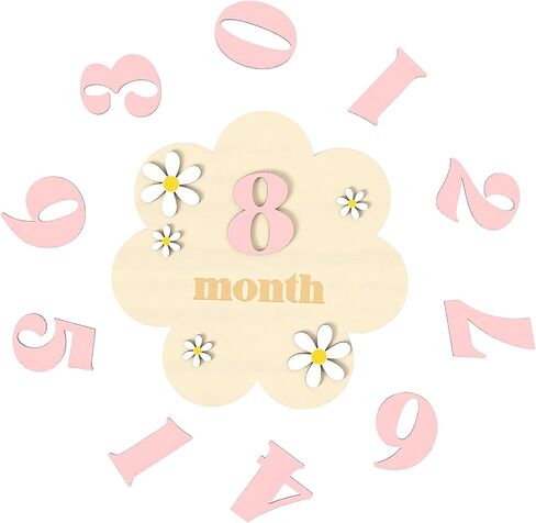 Wooden Daisy Baby Monthly Milestone Sign, 1-12 Months Milestone Cards with Interchangeable Numbers, Newborn Monthly Photo Props for Nursery Decoration, Baby Announcement Sign in Saudi Arabia