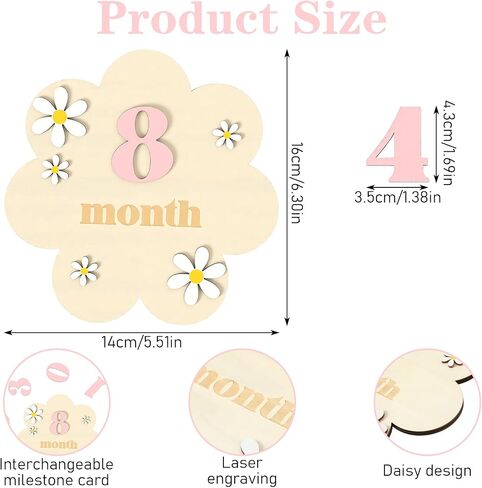 Wooden Daisy Baby Monthly Milestone Sign, 1-12 Months Milestone Cards with Interchangeable Numbers, Newborn Monthly Photo Props for Nursery Decoration, Baby Announcement Sign in Saudi Arabia