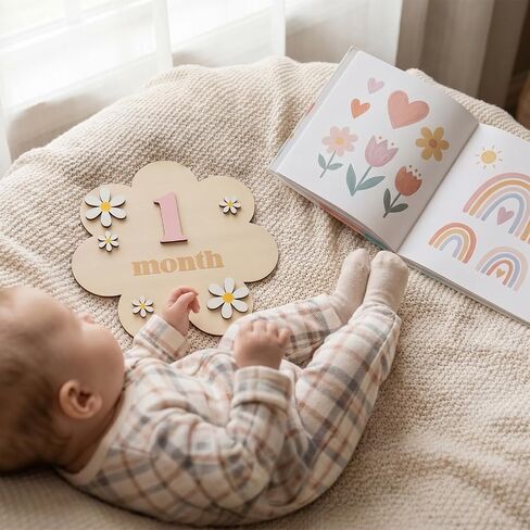 Wooden Daisy Baby Monthly Milestone Sign, 1-12 Months Milestone Cards with Interchangeable Numbers, Newborn Monthly Photo Props for Nursery Decoration, Baby Announcement Sign in Saudi Arabia