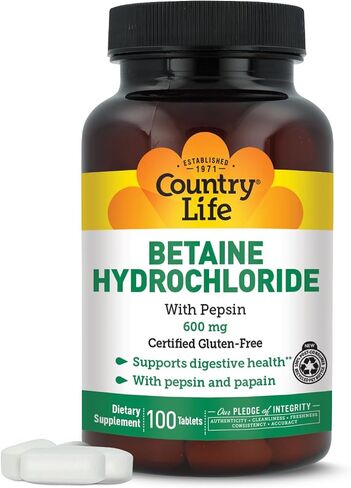 Country Life Betaine Hydrochloride with Pepsin, 600mg, 100 Tablets, Certified Gluten Free in Saudi Arabia