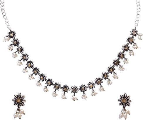 Efulgenz Oxidized Choker Necklace Earrings Set Oxidized Indian Jewelry Sets Antique Boho Crystal Faux Pearl Floral Necklace Drop Dangle Earrings Bohemian Statement Jewelry Set for Women in Kuwait