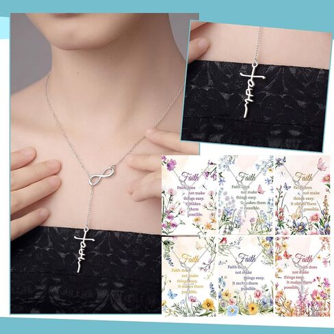 Kigeli Christian Sliver Faith Cross Necklaces with Cards Mother's Day Religious Gifts Bulk Church Party Favors Faith Cross Jewelry Baptism Necklaces for Women in Kuwait