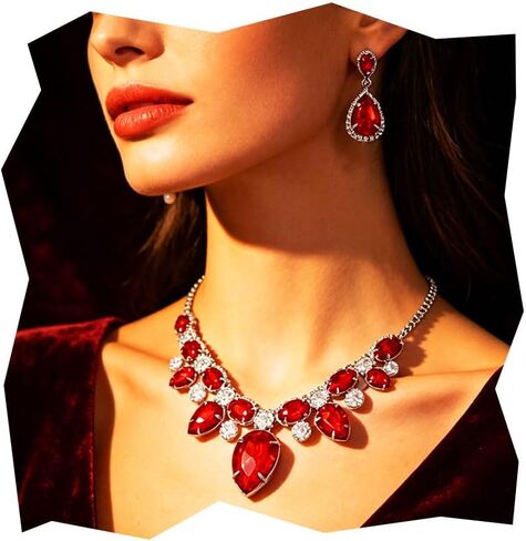Red Crystal Jewelry Set Silver Rhinestone Wedding Necklace And Earring Sets For Women And Bride in Saudi Arabia