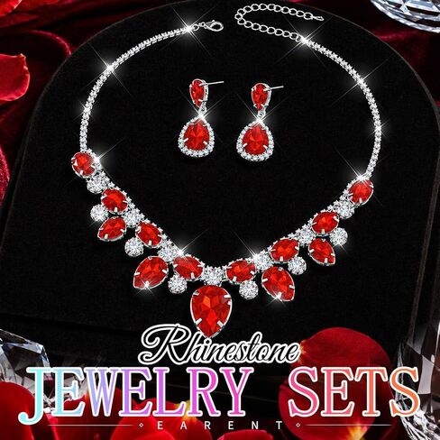 Red Crystal Jewelry Set Silver Rhinestone Wedding Necklace And Earring Sets For Women And Bride in Saudi Arabia