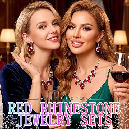Red Crystal Jewelry Set Silver Rhinestone Wedding Necklace And Earring Sets For Women And Bride in Saudi Arabia