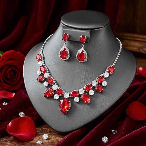 Red Crystal Jewelry Set Silver Rhinestone Wedding Necklace And Earring Sets For Women And Bride in Saudi Arabia