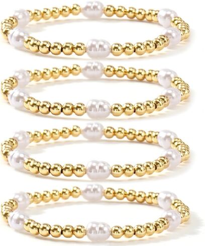 Gold Beaded Pearl Bracelet Stack for Women,Handmade Bohemian Gold Stretch Stackable Bracelets Fashion Prom Accessories Jewelry Gift in Saudi Arabia