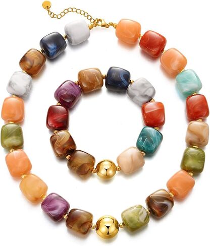 Colorful Beaded Necklace Bracelet Set for Women Chunky Resin Square Beaded Choker Necklace Adjustable Stretch Acrylic Cube Bead Bracelet Summer Beach Dopamine Dressing Jewelry Set in Kuwait