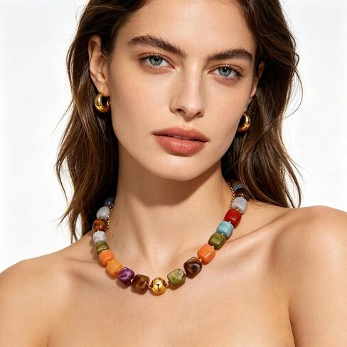 Colorful Beaded Necklace Bracelet Set for Women Chunky Resin Square Beaded Choker Necklace Adjustable Stretch Acrylic Cube Bead Bracelet Summer Beach Dopamine Dressing Jewelry Set in Kuwait