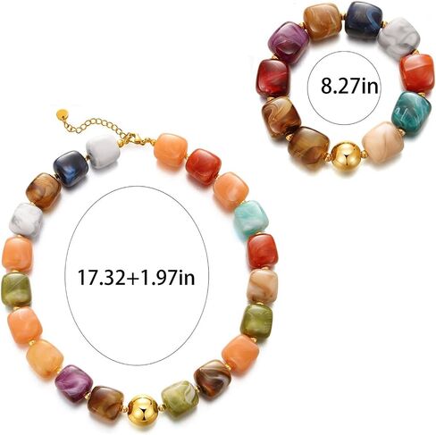 Colorful Beaded Necklace Bracelet Set for Women Chunky Resin Square Beaded Choker Necklace Adjustable Stretch Acrylic Cube Bead Bracelet Summer Beach Dopamine Dressing Jewelry Set in Kuwait