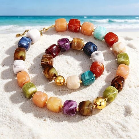 Colorful Beaded Necklace Bracelet Set for Women Chunky Resin Square Beaded Choker Necklace Adjustable Stretch Acrylic Cube Bead Bracelet Summer Beach Dopamine Dressing Jewelry Set in Kuwait