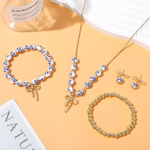 NEWITIN 2 Pieces Summer Beach Jewelry for Women Chunky Beaded Necklace Bracelet Trendy Big Resin Beaded Choker Boho Charm Statement Colorful Jewelry Set for Women in Saudi Arabia