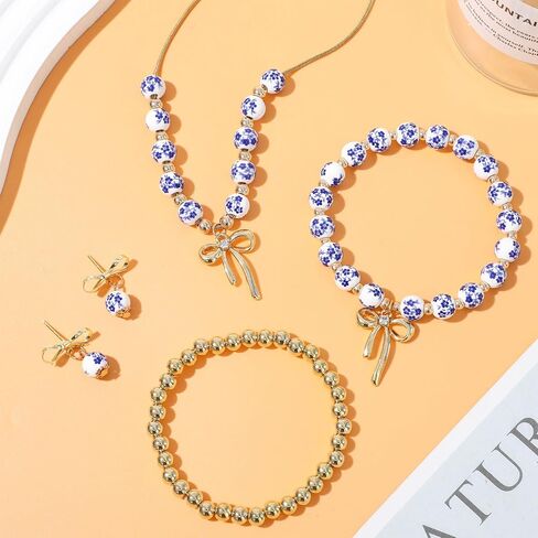 NEWITIN 2 Pieces Summer Beach Jewelry for Women Chunky Beaded Necklace Bracelet Trendy Big Resin Beaded Choker Boho Charm Statement Colorful Jewelry Set for Women in Saudi Arabia