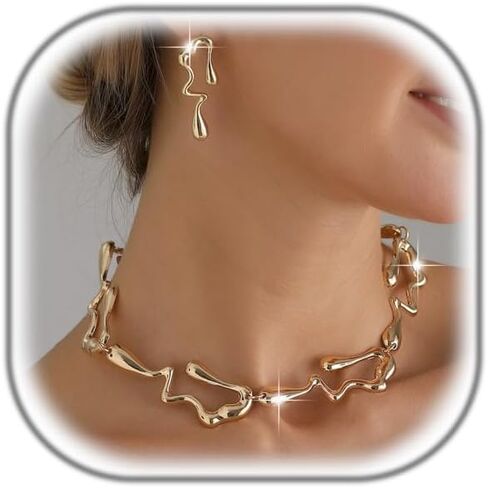 Chunky Irregular Waterdrop Necklace Earrings Set for Women,Exaggerated Liquid Metal Choker Necklaces Punk Geometric Stud Earring Trendy Prom Party Statement Jewelry in Saudi Arabia