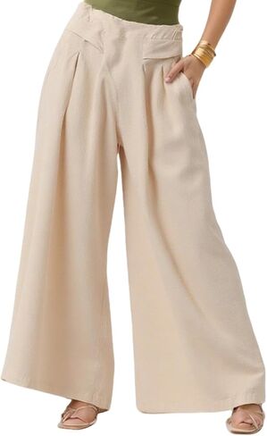 Women Linen Palazzo Pants-Casual Summer Wide Leg Trousers,Beach Cruise 2025-Comfy Airport Outfits for Seniors in Saudi Arabia