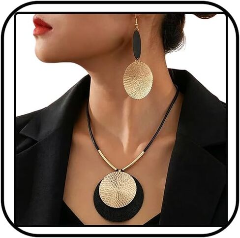 Gold Disc Jewelry Sets for Women Chunky Black Leather Cord Medallion Pendant Necklace Boho Unique Circle Statement Earring Costume Prom Jewelry Accessories in Saudi Arabia