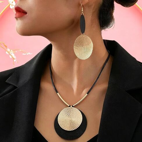Gold Disc Jewelry Sets for Women Chunky Black Leather Cord Medallion Pendant Necklace Boho Unique Circle Statement Earring Costume Prom Jewelry Accessories in Saudi Arabia