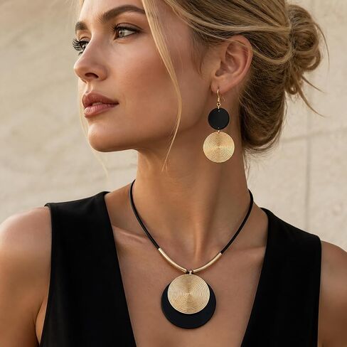 Gold Disc Jewelry Sets for Women Chunky Black Leather Cord Medallion Pendant Necklace Boho Unique Circle Statement Earring Costume Prom Jewelry Accessories in Saudi Arabia
