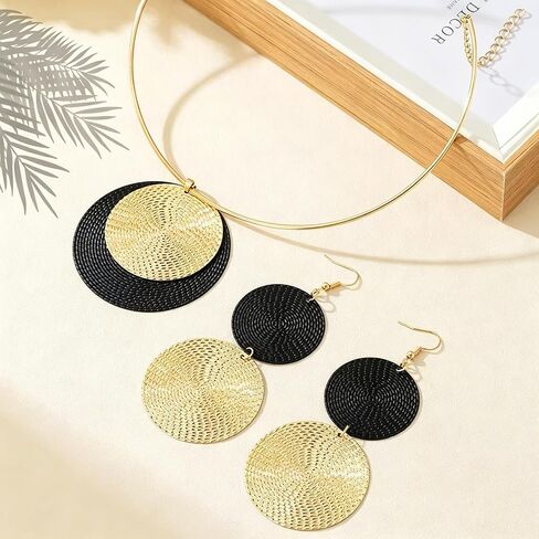 Gold Disc Jewelry Sets for Women Chunky Black Leather Cord Medallion Pendant Necklace Boho Unique Circle Statement Earring Costume Prom Jewelry Accessories in Saudi Arabia