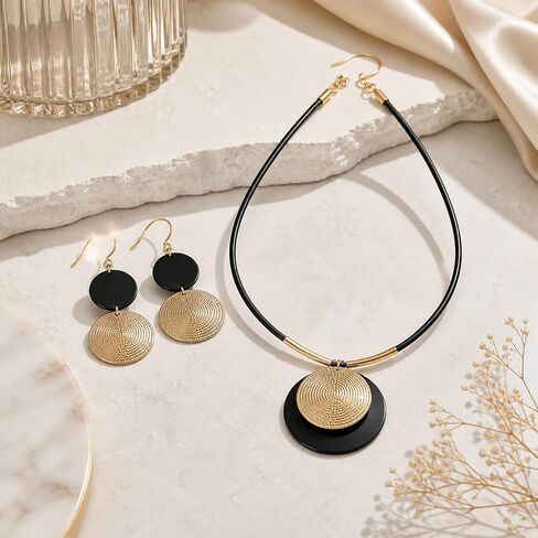 Gold Disc Jewelry Sets for Women Chunky Black Leather Cord Medallion Pendant Necklace Boho Unique Circle Statement Earring Costume Prom Jewelry Accessories in Saudi Arabia