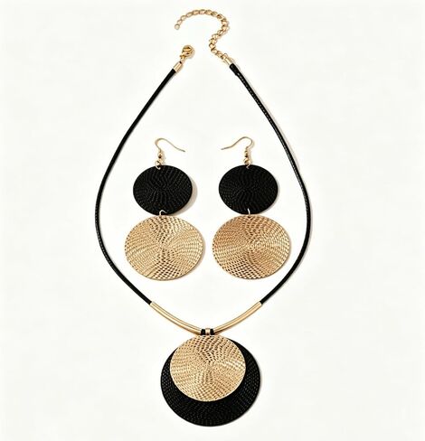Gold Disc Jewelry Sets for Women Chunky Black Leather Cord Medallion Pendant Necklace Boho Unique Circle Statement Earring Costume Prom Jewelry Accessories in Saudi Arabia