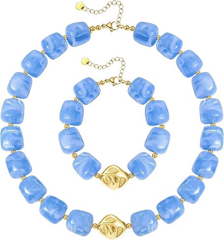 NEWITIN 2 Pieces Summer Beach Jewelry for Women Chunky Beaded Necklace Bracelet Trendy Big Resin Beaded Choker Boho Charm Statement Colorful Jewelry Set for Women in Saudi Arabia