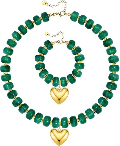 NEWITIN 2 Pieces Summer Beach Jewelry for Women Chunky Beaded Necklace Bracelet Trendy Big Resin Beaded Choker Boho Charm Statement Colorful Jewelry Set for Women in Saudi Arabia