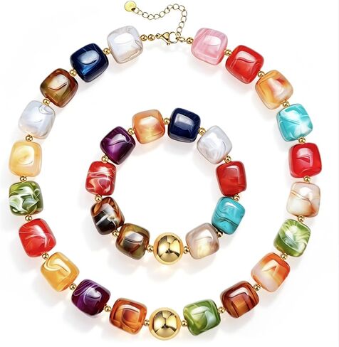 NEWITIN 2 Pieces Summer Beach Jewelry for Women Chunky Beaded Necklace Bracelet Trendy Big Resin Beaded Choker Boho Charm Statement Colorful Jewelry Set for Women in Saudi Arabia