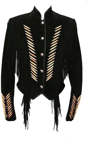 Classyak Western Style Cowgirl Suede Leather Jacket buttoned coat fringed & bones in Saudi Arabia