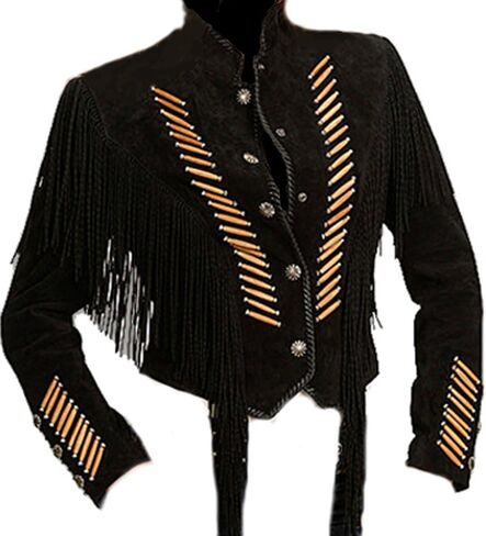 Classyak Western Style Cowgirl Suede Leather Jacket buttoned coat fringed & bones in Saudi Arabia