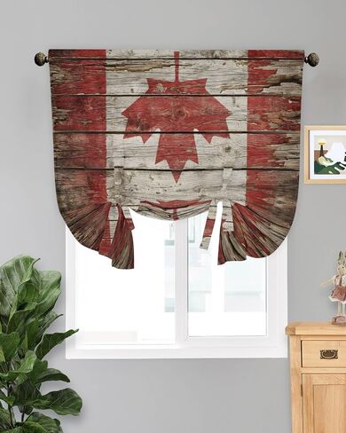 Tie Up Curtains for Windows, Canadian Flag Adjustable Balloon Nature Linen Textured Kitchen Curtain, Red Brown National Distressed Wood Grain Tie Up Blackout Curtains for Bedroom, 52 x 63 Inches in Kuwait