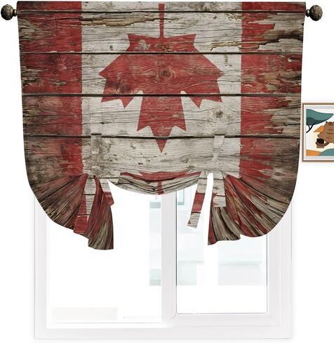 Tie Up Curtains for Windows, Canadian Flag Adjustable Balloon Nature Linen Textured Kitchen Curtain, Red Brown National Distressed Wood Grain Tie Up Blackout Curtains for Bedroom, 52 x 63 Inches in Kuwait