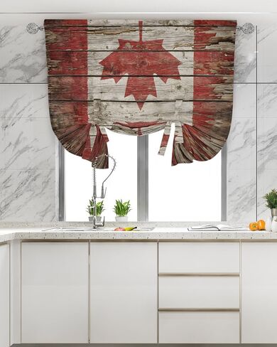 Tie Up Curtains for Windows, Canadian Flag Adjustable Balloon Nature Linen Textured Kitchen Curtain, Red Brown National Distressed Wood Grain Tie Up Blackout Curtains for Bedroom, 52 x 63 Inches in Kuwait