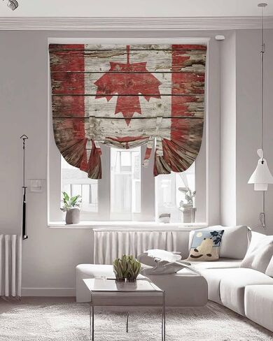 Tie Up Curtains for Windows, Canadian Flag Adjustable Balloon Nature Linen Textured Kitchen Curtain, Red Brown National Distressed Wood Grain Tie Up Blackout Curtains for Bedroom, 52 x 63 Inches in Kuwait