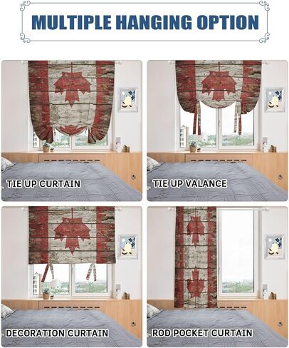 Tie Up Curtains for Windows, Canadian Flag Adjustable Balloon Nature Linen Textured Kitchen Curtain, Red Brown National Distressed Wood Grain Tie Up Blackout Curtains for Bedroom, 52 x 63 Inches in Kuwait