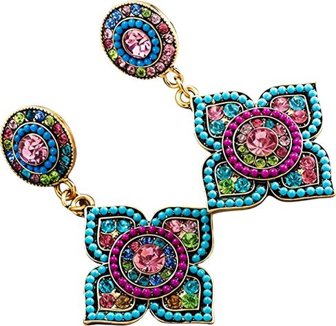 Women's Multicolor Floral Drop Earrings - Vintage Rhinestone Statement Earrings, Boho Gold-Tone Crystal Quatrefoil Flower Dangle Earrings for Party & Vacation in Saudi Arabia